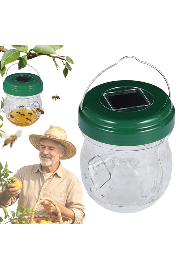 Solar Powered Wasp Trap, Hanging Mason Jar Bee Catcher, Outdoor Reusable Hornet Trap, Waterproof Yellow Jacket Trap, Solar LED Insect Catcher for Garden Yard Patio Orchard Pest Control
