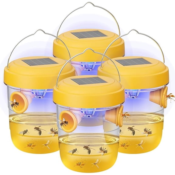 Solar Powered Wasp Trap Outdoor Hanging 4 Packs, Yellow Jackets, Hornets,Carpenter Bees, Mud Daubers Trap Reusable for Garden, Patio, Yard