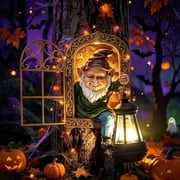 Halloween Gnome Garden Statue with Solar Lantern, Tree Face Waterproof Outdoor Decor for Yard, Patio, Porch, Balcony