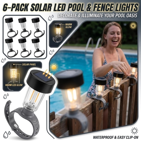 Solar Powered Waterproof Pool Decor Lights 6Pc Set, Solar Fence Post Lights, Solar Clip on Lights, Deck Railing Lights, 3.5X2 Inch Led Night Accessories for Ground Pool Fence,
