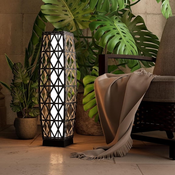 Solar Powered Wicker Floor Lamp Outdoor Weather Resistant Deck Light Garden Porch Silver Gray Large