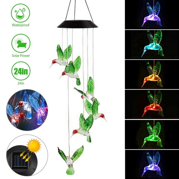 Solar Powered Wind Chime, DISEN 24'' Color Changing Hummingbird Windbell Light Waterproof for Yard Garden Pathway Decor