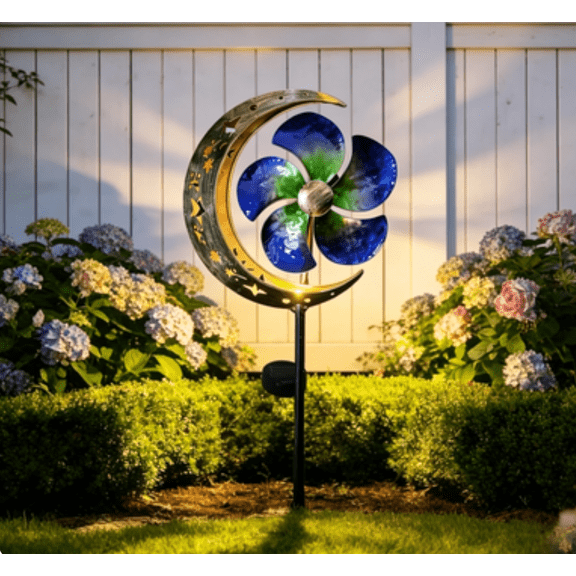 Solar Powered Wind Spinner Stake Light, Warm White LED Moon & Flower Windmill Light, Waterproof Solar Pathway Light for Outdoor Yard, Lawn, Patio, Walkway Decor,Blue