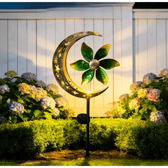 Solar Powered Wind Spinner Stake Light, Warm White LED Moon & Flower Windmill Light, Waterproof Solar Pathway Light for Outdoor Yard, Lawn, Patio, Walkway Decor,Green