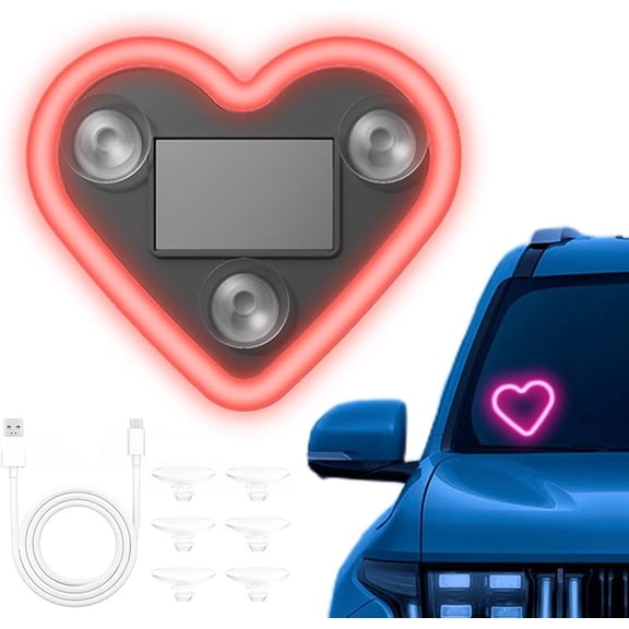 Solar Powered Wireless LED Heart Car Light, C-Pillar & Triangle Window Ambient Neon - IP65 Waterproof for Car Interiors Decor, Easy Non-Destructive Installation, Romantic Gift