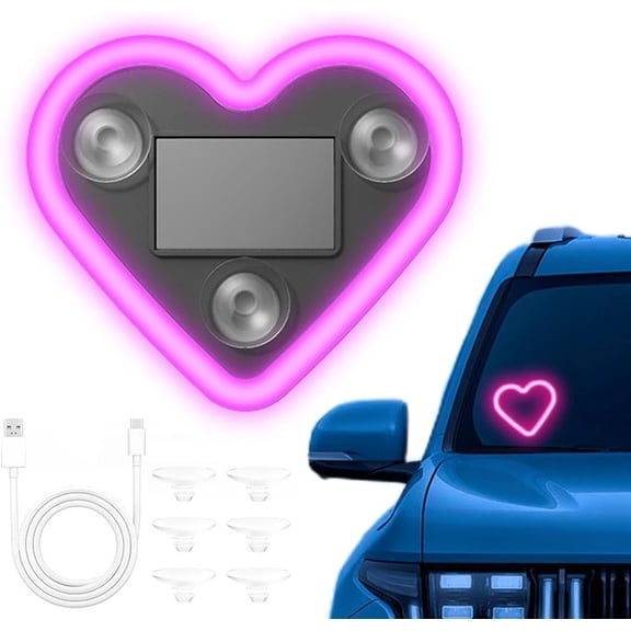 Solar Powered Wireless LED Heart Car Light, C-Pillar & Triangle Window Ambient Neon - IP65 Waterproof for Car Interiors Decor,  Easy Non-Destructive Installation, Romantic Gift