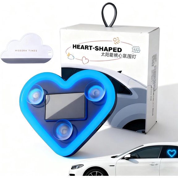 Solar Powered Wireless LED Heart Shape C-Pillar Neon Light, Car Solar Heart LED Light with Light Sensor, Car LED Ambient Light, Valentine's Day Romantic Car Interior Decor Accessory (Blue)