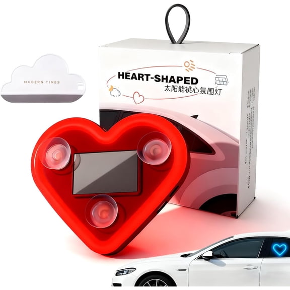 Solar Powered Wireless LED Heart Shape C-Pillar Neon Light, Car Solar Heart LED Light with Light Sensor, Car LED Ambient Light, Valentine's Day Romantic Car Interior Decor Accessory (Red)