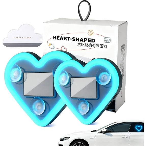 Solar Powered Wireless LED Heart Shape C-Pillar Neon Light, Car Solar Heart LED Light with Light Sensor, Car LED Ambient Light, Valentine's Day Romantic Car Interior Decor Accessory (2PCS-Ice Blue)