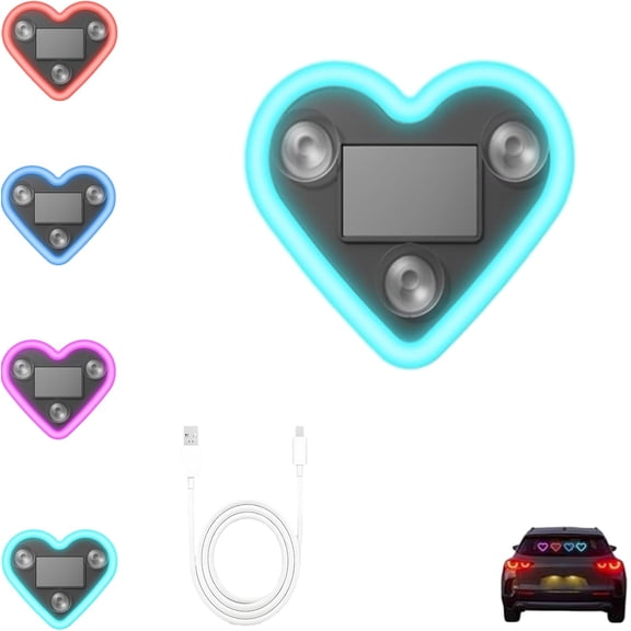 Solar Powered Wireless LED Heart Shape C-Pillar Neon Light – Car Solar Heart LED Light, Romantic Ambient Interior Light with Suction Cups, USB Rechargeable, Valentine’s Day Couples Decoration