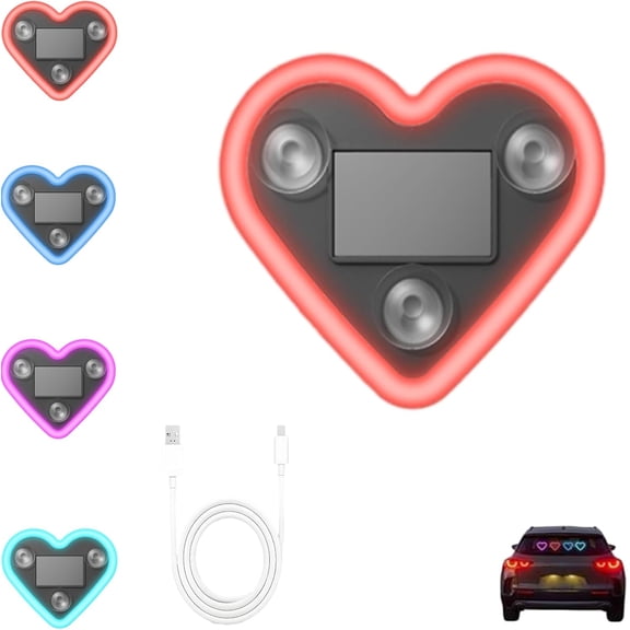 Solar Powered Wireless LED Heart Shape C-Pillar Neon Light, Car Solar Heart LED Light, Romantic Car Interior Ambient Light, Outdoor Decor and Couples' Valentine's Day Decoration (A)