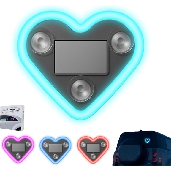 Solar Powered Wireless LED Heart Shape C-Pillar Neon Light, Car Solar Heart LED Light, Vibration Sensing Neon Ambient Lighting, Waterproof Romantic Illumination, for Cars, (Light Blue)