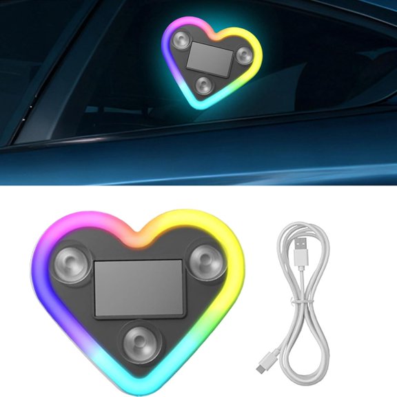 Solar Powered Wireless LED Heart Shape C-Pillar Neon Light, Solar Powered Wireless LED Heart for Car, Car Mounted Ambient Light, Easy to Install, Five Lighting Modes
