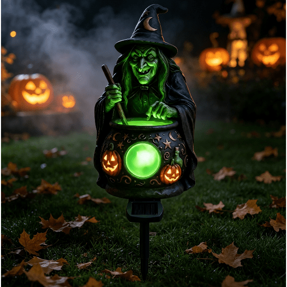 Solar Powered Witch Statue Garden Stake Light, Illuminated Green Magic Cauldron, Pumpkin Accent Outdoor Halloween Lawn & Pathway Decor