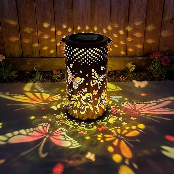 Solar Projection Outdoor Lighting Butterfly Floral Cutout Lantern Metal Hanging LED Landscape Light Warm Projection Lamp for Patio Yard Garden Path Balcony Backyard Decor
