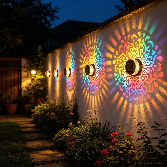 Solar Projection Wall Lights Color Changing Hollow Metal Solar Outdoor Decor Lights Waterproof Lamp For Garden Fence Patio Yard Villa 4PCS