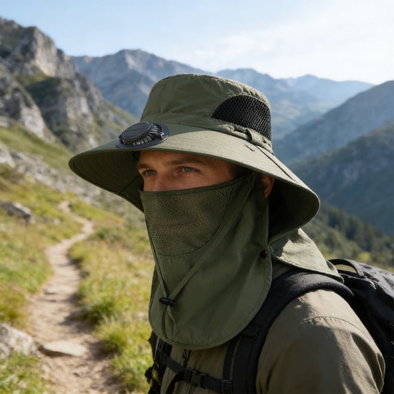 Solar Protective Fan Hat, Outdoor Solar Powered Fan Hat with 360° Rotating Fan, Rechargeable USB & Solar Charging for Fishing, Hiking, and Camping, Breathable Mesh Design, Comfortable All-Day Use