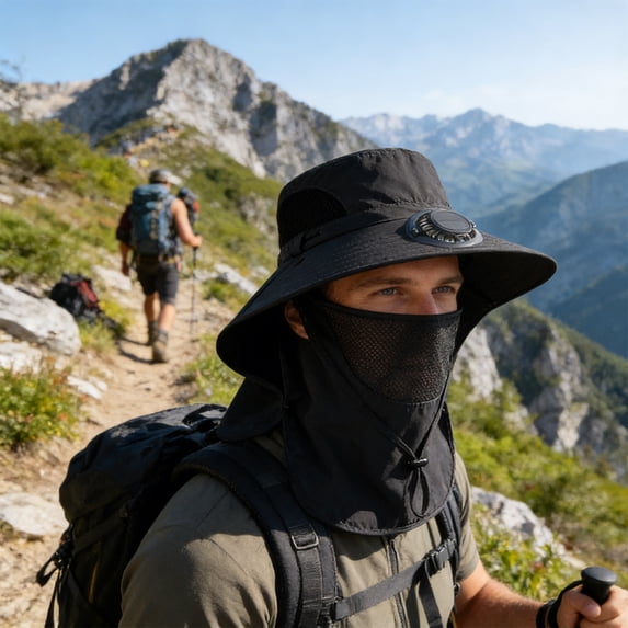 Solar Protective Fan Hat, Outdoor Solar Powered Fan Hat with 360° Rotating Fan, Rechargeable USB & Solar Charging for Fishing, Hiking, and Camping, Breathable Mesh Design, Comfortable All-Day Use