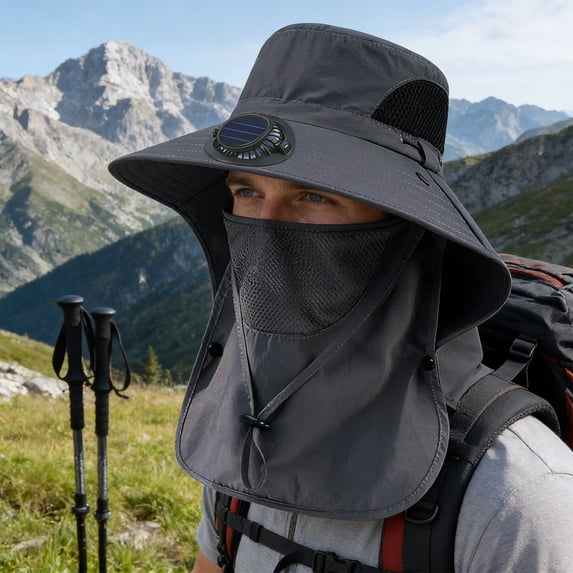 Solar Protective Fan Hat, Outdoor Solar Powered Fan Hat with 360° Rotating Fan, Rechargeable USB & Solar Charging for Fishing, Hiking, and Camping, Breathable Mesh Design, Comfortable All-Day Use