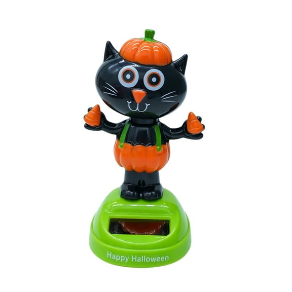 Solar Pumpkin Cat Shaking Head Car Ornament 3.94 Inch ABS Light Powered Dancing Figurine for Dashboard Office Porch Halloween Decoration Gift