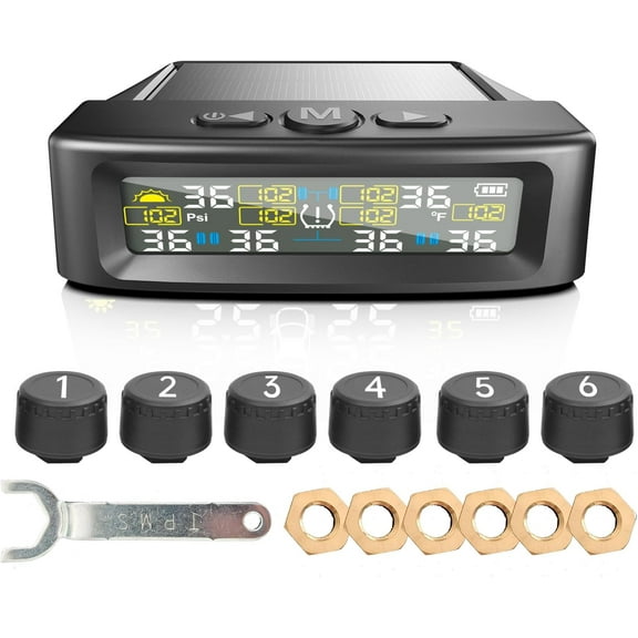 Solar RV TPMS 2025 6-Sensor Tire Pressure Monitor, 0-144 PSI Color LCD, 5-Alarm Modes for Trailers & Motorhomes
