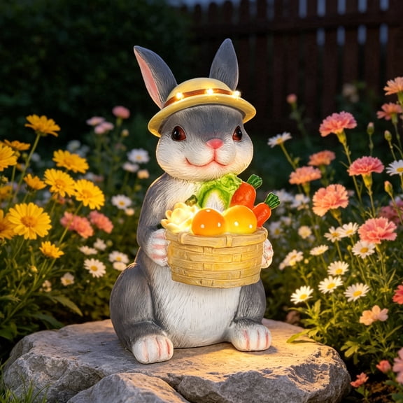 OUTONLIFE Solar Rabbit Bunny Statue with LED Solar Lantern, Resin Outdoor Garden Figurine Decor,Yard Lawn Patio Balcony Ornament,Ideal Easter Birthday Housewarming Gifts for Women Mom Grandma