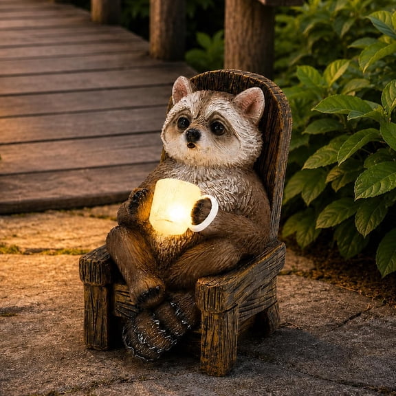 Solar Raccoon Fairy Garden Statue: Weatherproof Resin