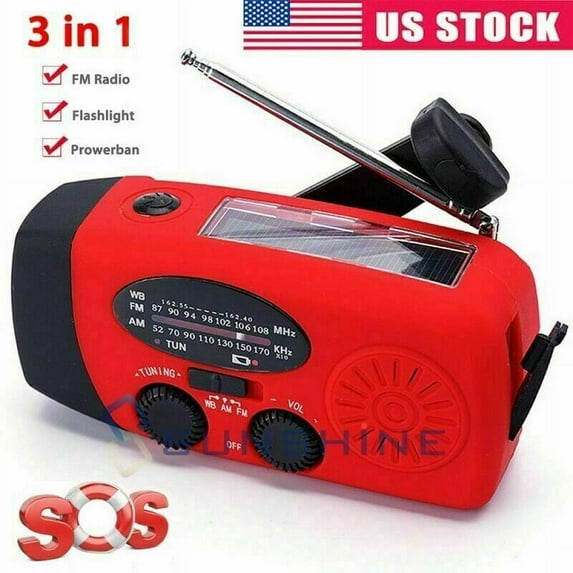 Solar Radio Weather Alert AM/FM/NOAA Emergency SOS Hand Crank Power Bank LED USB