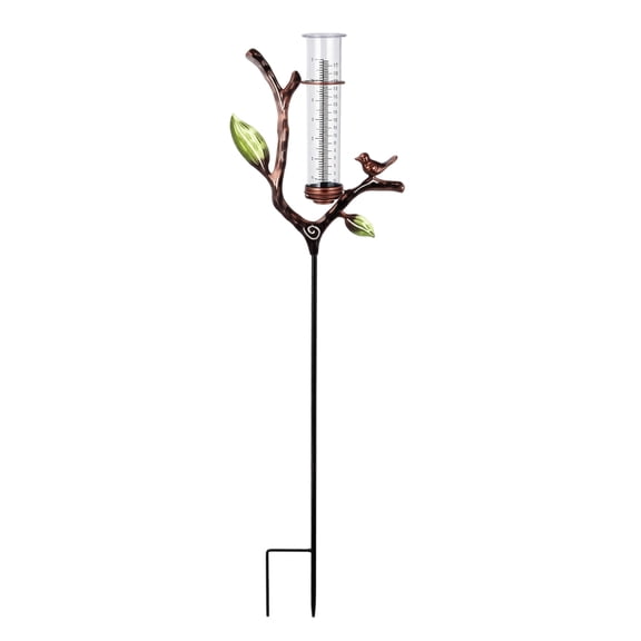 Solar Rain Gauge Garden Stake Butterfly Hummingbird Design, Metal Yard Decoration with Night Light, Outdoor Water Measurement Tool