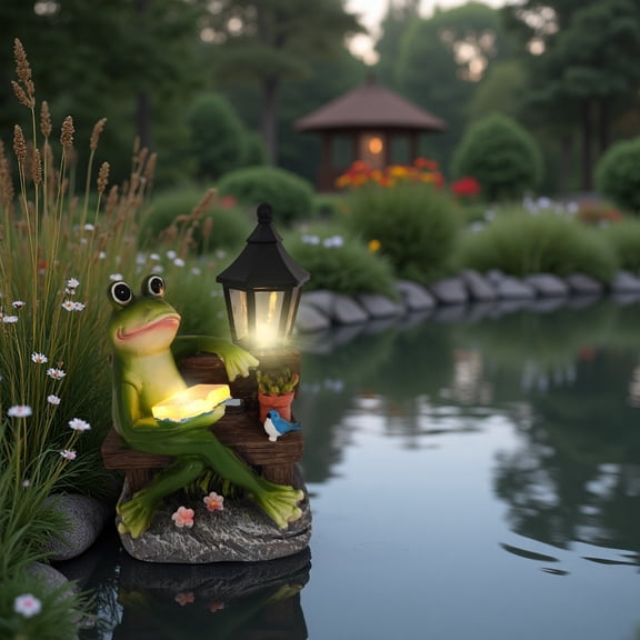 Solar Reading Frog Garden Decor Light, Resin Frogs Outdoor Statue for Patio Yard Lawn