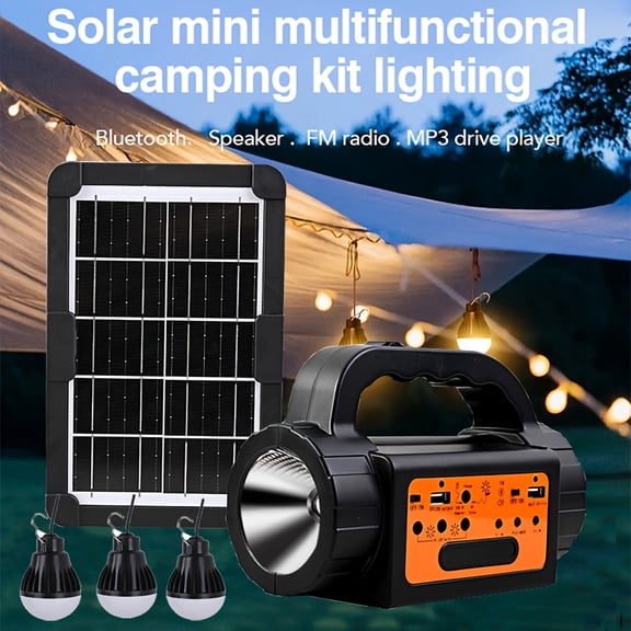 Solar Rechargeable Camping Lantern, Portable LED Outdoor Light with Power Bank, Flashlight, USB Speaker, FM Radio, MP3, 3 Bulbs, for Camping & Emergency Use