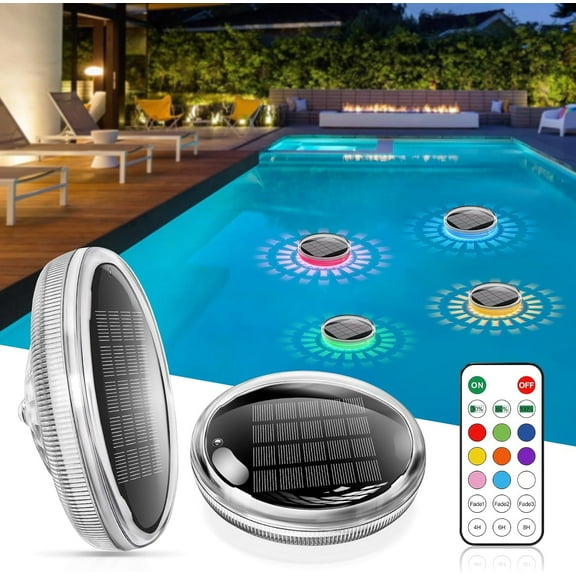 Solar Rechargeable Floating Pool Lights, Pool Lights That Float with Remote Control, 9 Lighting, Timing Mode, IPX7 Waterproof for Inground Pool, Bathroom, Bathtub, Pool Party, 2 PACK
