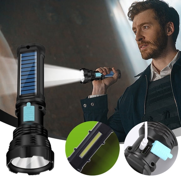 Solar Rechargeable Handheld LED Flashlight with COB Floodlight and Power Bank for Camping and Emergency Use
