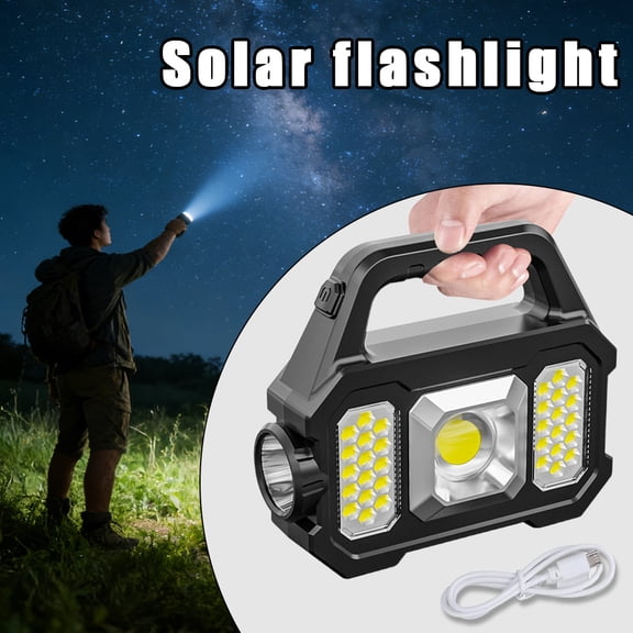 Solar Rechargeable LED Spotlight Flashlight, 1000 Lumens 6 Lighting Modes Portable Handheld Work Light with USB Emergency Phone Charger, Waterproof Camping Search Light for Hiking, Fishing, Emergency