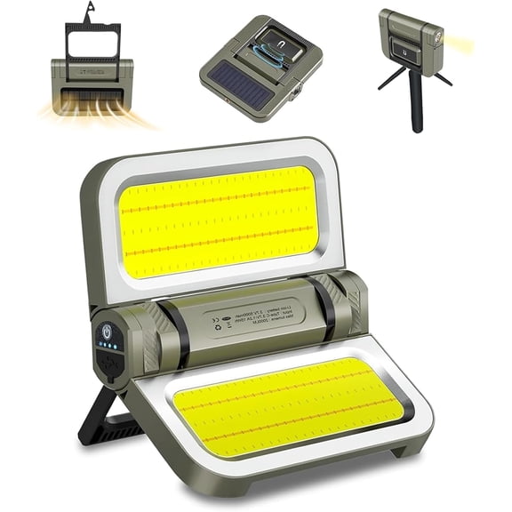 Solar Rechargeable LED Work Light Fold-able Magnetic Lamp on Stand Waterproof Dimmable Portable Flood Light Flashlight for Camping Car Repair Garage Power Outage