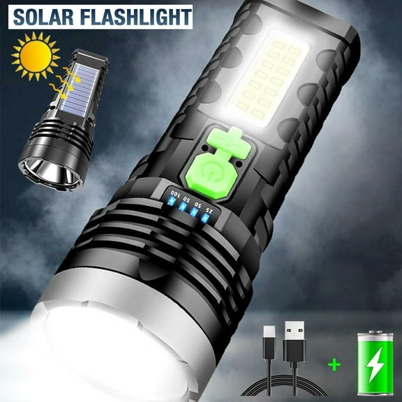 TEYJRY Rechargeable Solar LED Flashlight, 60000 Lumens, 4 Modes, Fast Charging, Battery Display, IPX5 Waterproof