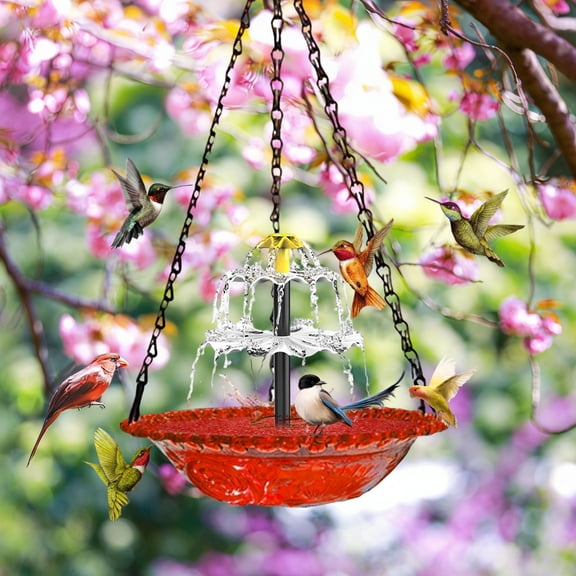 Solar Rechargeable Outdoor Bird Feeder,Hanging Floating Birdbath w/ Automatic Solar Pump for Eco-Friendly Garden Decoration,Multi-Functional Feeder for Backyard Patio Lawn Wildlife Attraction-Orange