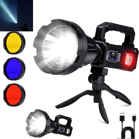 Solar Rechargeable Spotlight, 2,000,000L High Lumens Led Spot Lights Outdoor Handheld Super Bright Long Range Flashlight with 6 Modes, 3 Colored Filters, Tripod, USB C for Fishing Boating