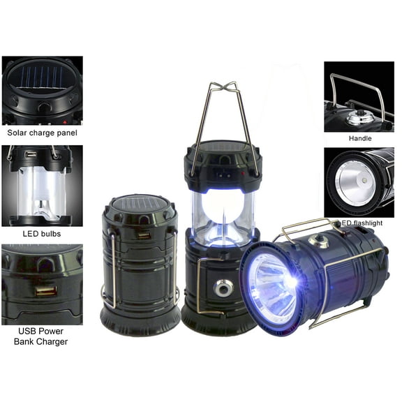 Solar Collapsible LED Lantern 3-in-1 Rechargeable, Flashlight & USB Power Bank - Portable, Bright, Eco-Friendly - Camping, Outdoor Activities, Emergencies (Black)