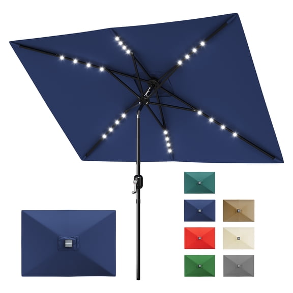 Solar Rectangular Patio Umbrella 10' x 6.5' with LED Lights – UV Protection Fade Resistant Vented Canopy 6 Sturdy Ribs Crank Lift Tilt – Outdoor Sunshade for Garden Deck Pool Patio Table