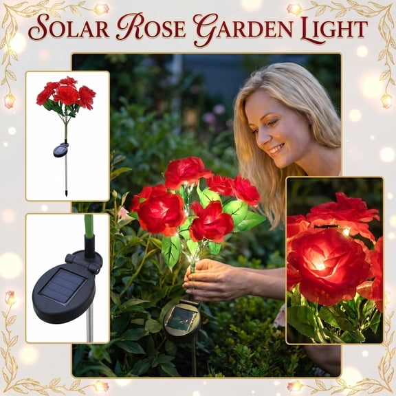 Solar Red Rose Lights Outdoor – Decorative Artificial Flower Stake Lights,Waterproof LED Landscape Path Lighting for Yard