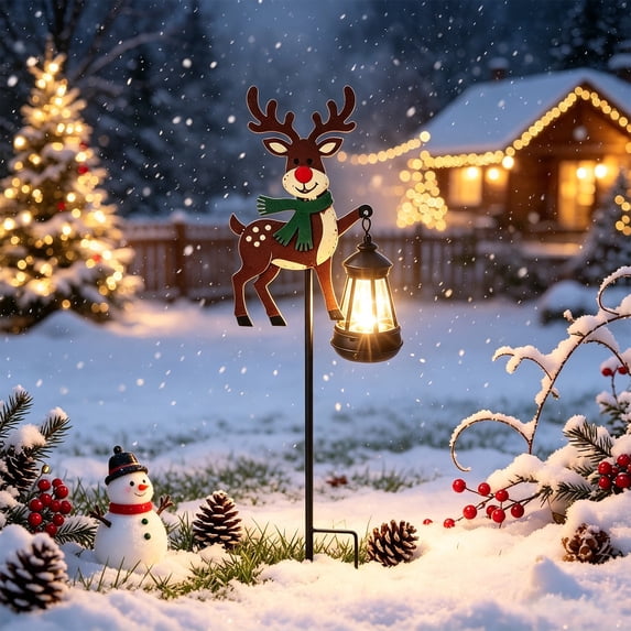 Solar Reindeer Christmas Garden Stake Metal Outdoor Holiday Yard Decor with Glowing Lantern for Lawn Path Winter Xmas Gift 29.92in