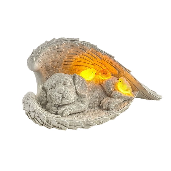 Solar Resin Angel Dog Garden Statue with LED Light for Yard Patio Decor Grey
