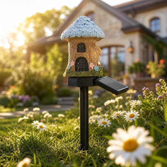 Solar Resin Fairy House Stake Light, Waterproof LED Ground Lamp with Hand-Painted Details, Warm Glow, Decorative Pathway Light for Garden, Outdoor Magic Home Decor, Great Gift for Nature Lovers