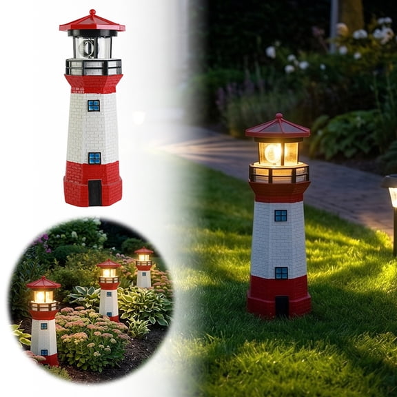 Solar Resin Lighthouse Statue Auto Rotating Led Decorative Light Nautical Tower Ornament For Yard Patio Lawn Garden Outdoor(Red-27.6Cm)