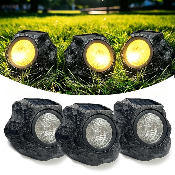 Solar Rock Landscape Lights, 3-Pack LEDs Fake Stone Solar Lights for Garden Pathways, Waterproof IP65 Outdoor Ground Lighting with Auto On/Off,Warm White