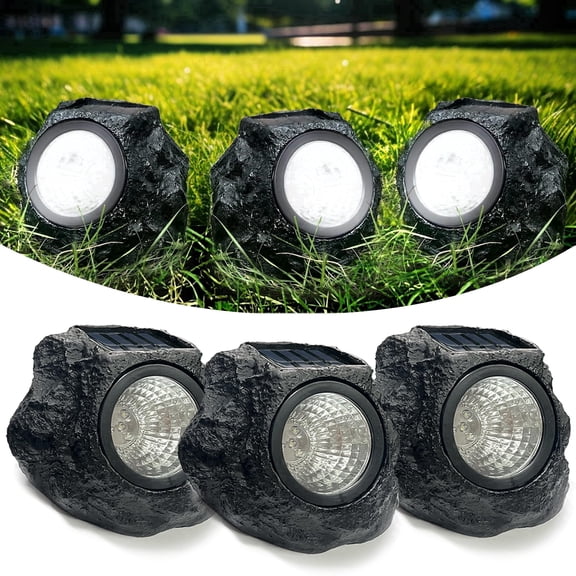 Solar Rock Landscape Lights, 3-Pack LEDs Fake Stone Solar Lights for Garden Pathways, Waterproof IP65 Outdoor Ground Lighting with Auto On/Off
