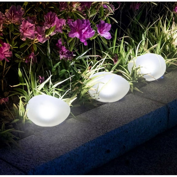 Solar Rock Pathway LED Lights - Waterproof Cobblestone Shape Garden, Stair Yard Decor - Cool White Pave Stone Markers - Durable and Energy Efficient - 3PC
