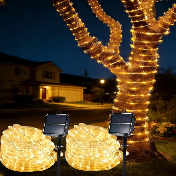 Solar Roep Lights for Outside, 2 Packs Total 66ft 200 LED String Light with 8 Modes, Waterproof Outdoor Patio Garden Party Tree Proch Pool Holiday Xmas Decor-Warm White