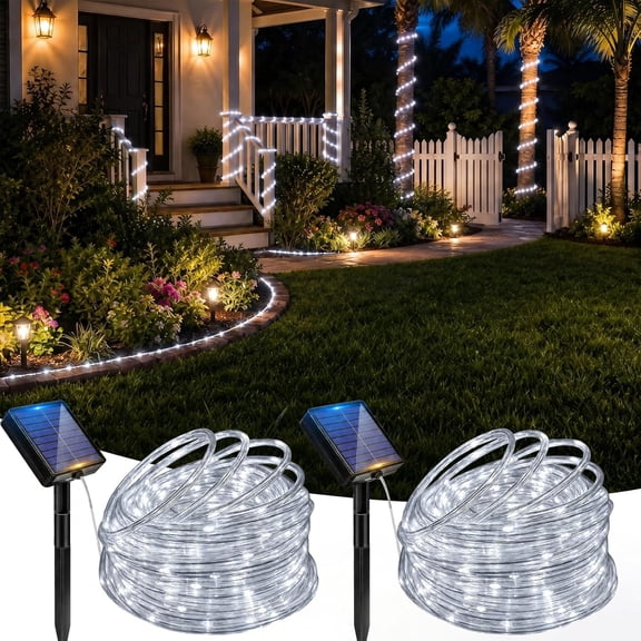 Solar Rope Lights, 2 Pack 33FT 100 LED Fairy Lights with 8 Lighting Modes, IP65 Waterproof Strip Light Outdoor for Garden Yard Patio Deck Fence Tree Party Holiday Decoration, Cold White